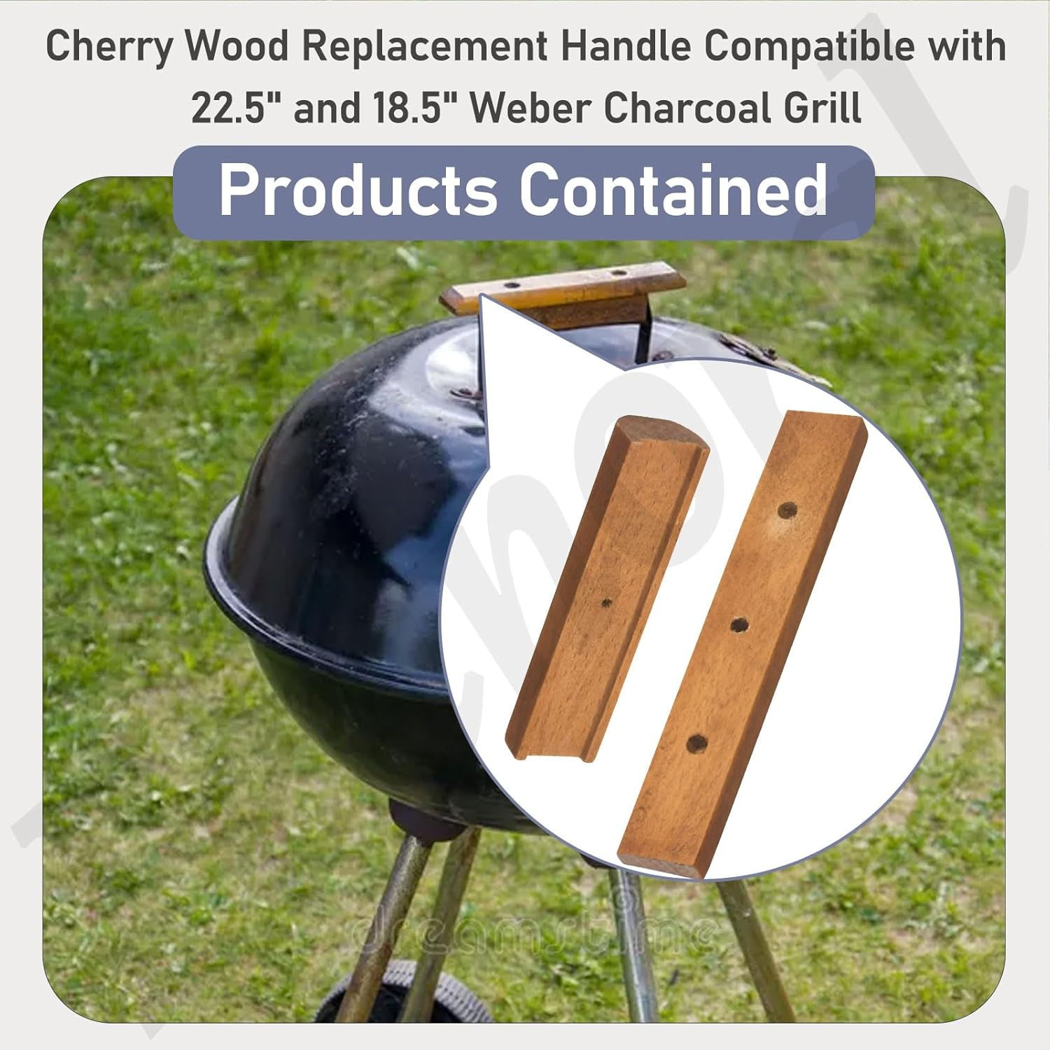 3Pack Cherry Wood Replacement Handle for 22.5" & 18.5" One Touch Grills Compatible with Weber Charcoal Grill Including Mounting Screws image number 1
