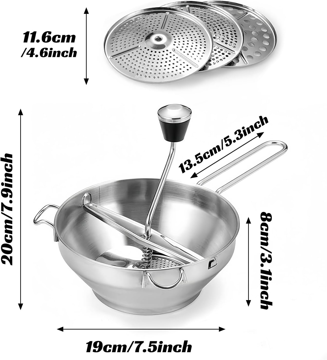 Food Mill Made of Stainless Steel with 3 Sieve Inserts, Jam Mill, Stainless Steel Vegetable Mills, Large Food Mill for Pressing Fruit, Vegetables, Tomatoes, Mashed Potatoes, Baby Food image number 6