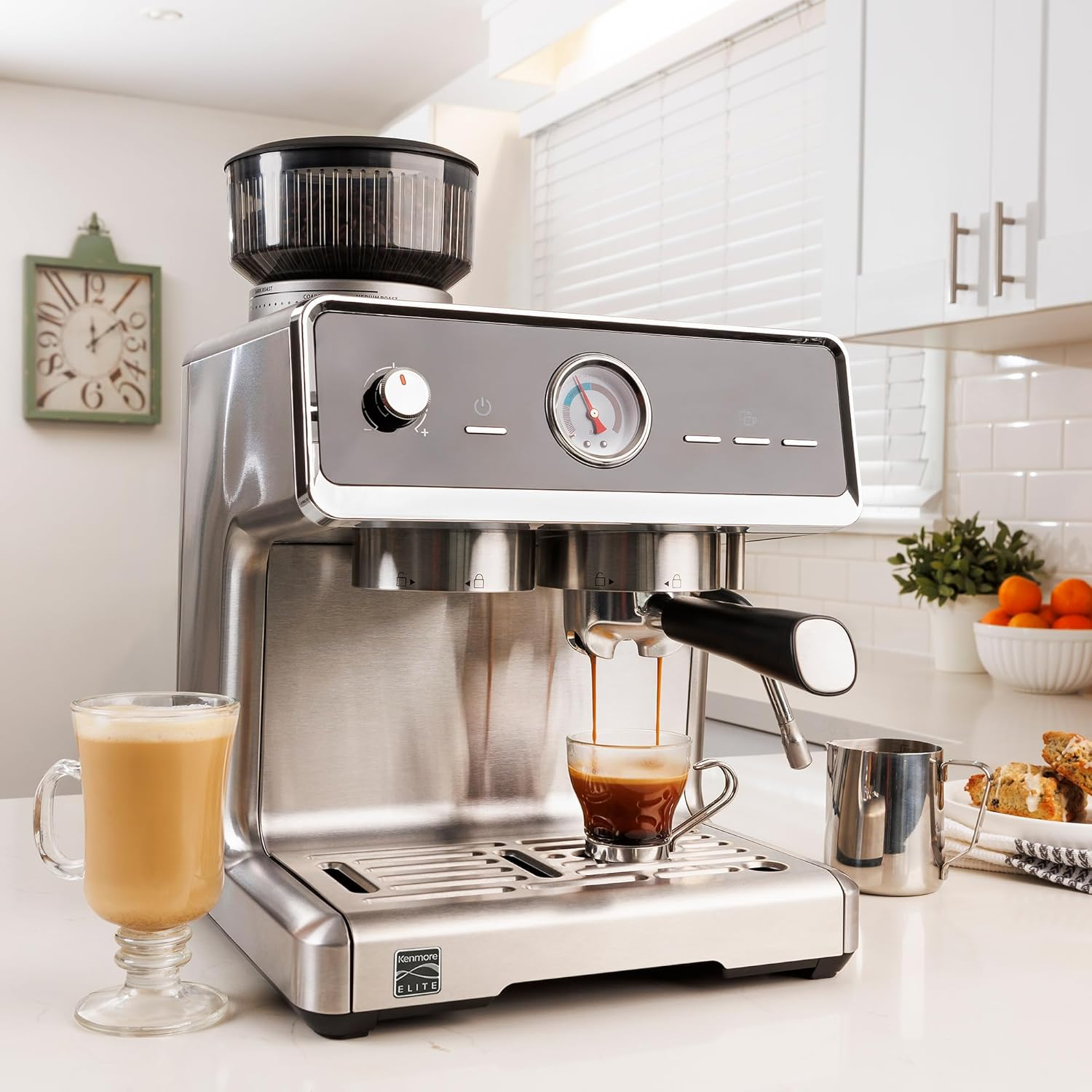 Kenmore Elite Coffee Machine with Grinder | Semi-Automatic Espresso Machine | Auto-Tamping Coffee Maker and Milk Frother | Hands-Free Grinder and Tamp | Stainless Steel image number 1