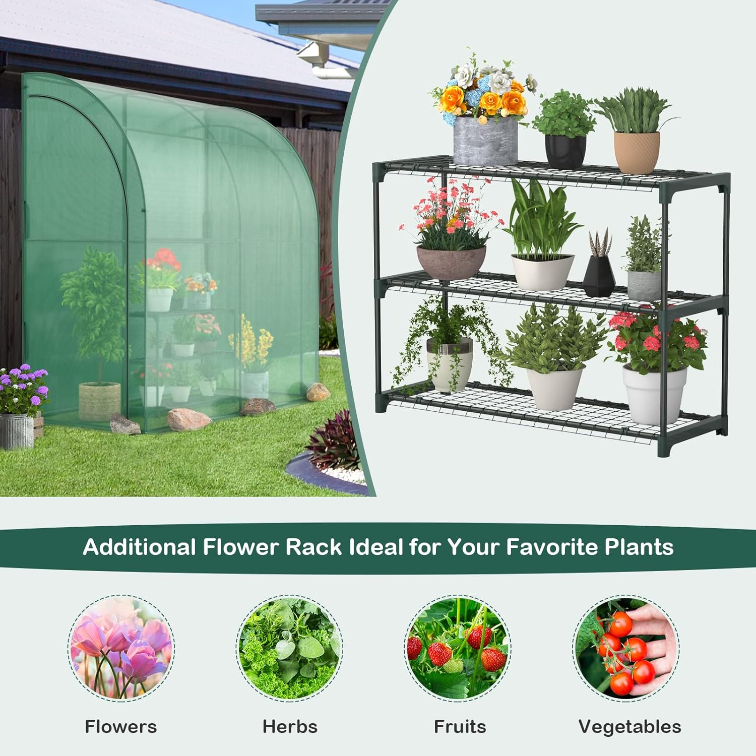 Giantex Walk-In Lean-To Greenhouse - with 3-Tier Plant Stand, 7&rsquo;X 3.5&rsquo;X 7&rsquo; Green House, PE Grid Cover, 2 Zipper Doors, Ground Stakes & Ropes, Wall House for Plant Nursery image number 4