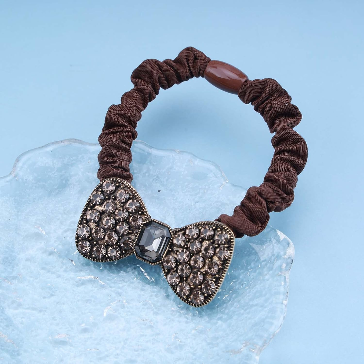Wendalern Boho Rhinestone Ponytail Holder Bowknot Ponytail Hair Scrunchie Geometric Elastic Hair Bobbles Brown Crystal Hair Ropes Decorative Hair Accessories for Women and Girls image number 5