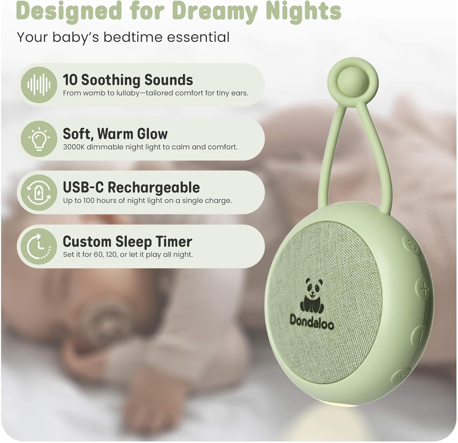 Portable White Noise Machine for Baby & Kids &ndash; Sound Machine with 10 Selected Soothing Sounds, Night Light, Auto-Off Timer, Volume Control, USB-C Rechargeable, Nursery & Travel Essential image number 1