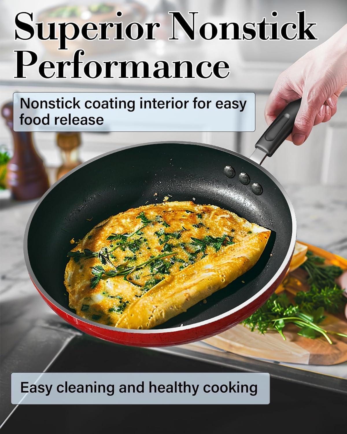 Cook N Home Pots and Pans Nonstick Cookware Set 12-Piece, Kitchen Cooking Set with Frying Pans and Saucepans, Induction Compatible, Marble Red - Turquoise image number 4