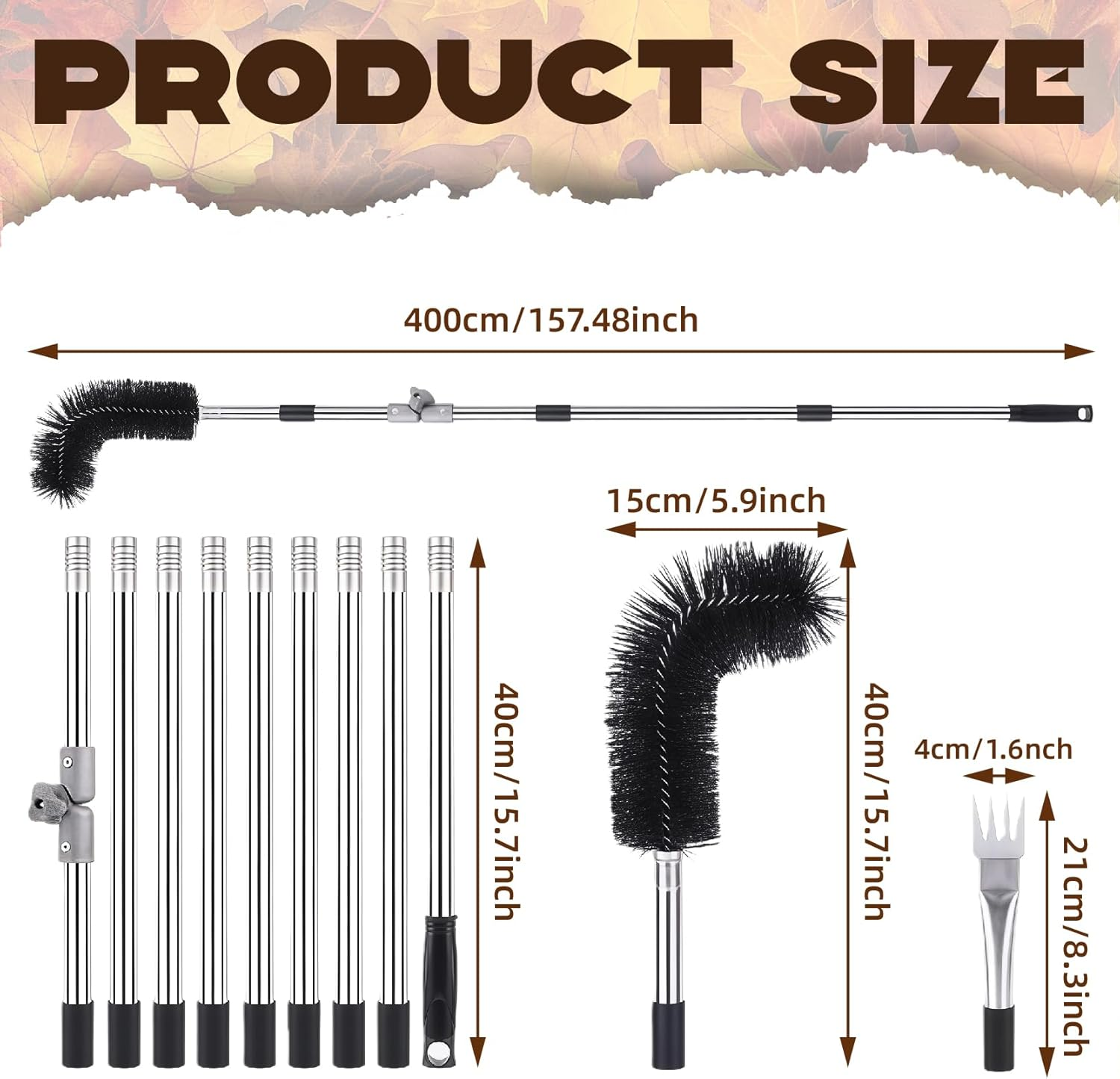 Gutter Cleaning Tools, 4M Telescopic Roof Gutter Cleaning Tools Kit with Gutter Brush & Gutter Rake, Length and Curvature Adjustable Gutter Cleaning Pole, Portable Roof Cleaning Tool for Cleaning image number 6