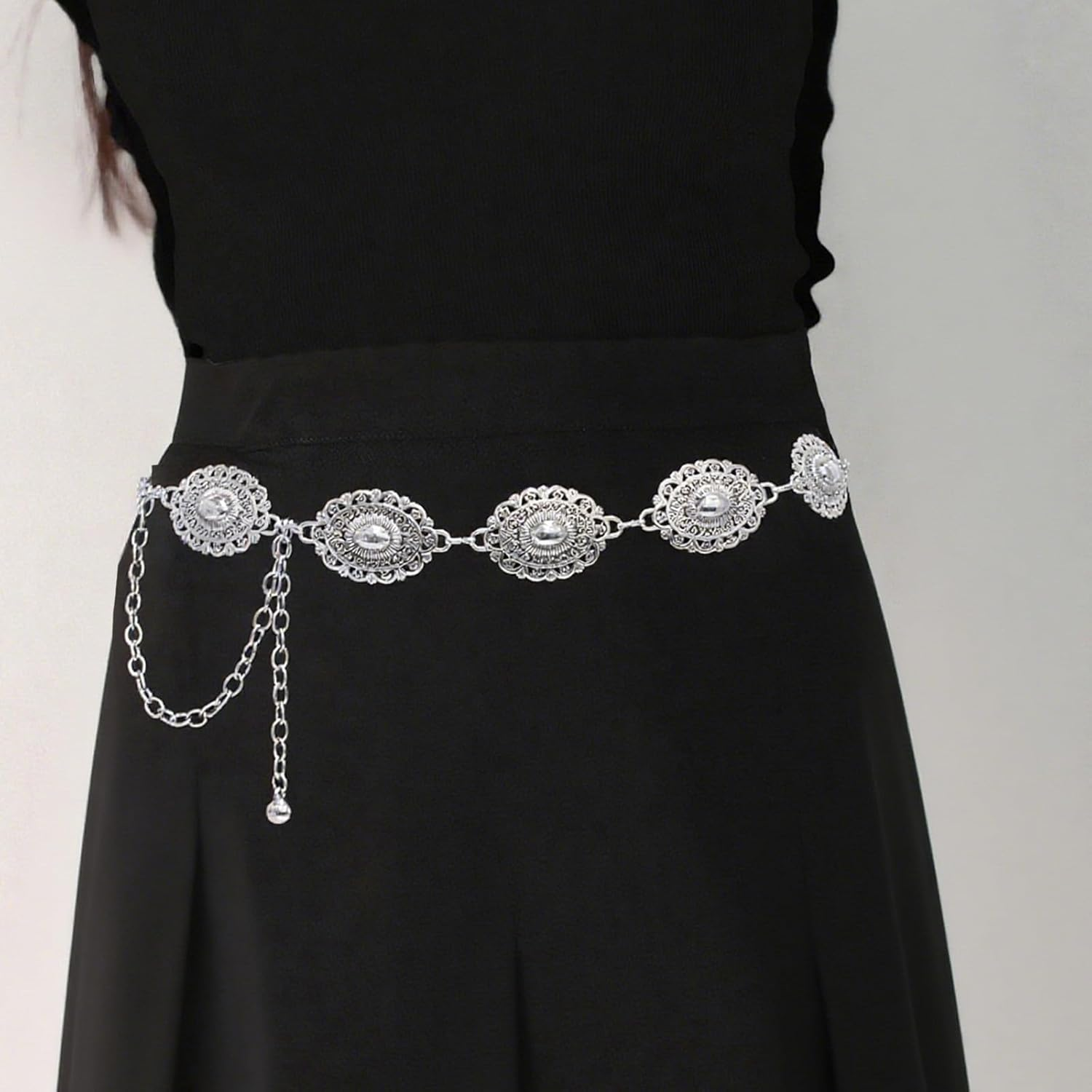 2Pcs Belt Women, Adjustable Golden Fashionable Retro Cowboy Belt,Waist Chain Oval Western Cowgirl Lady Metal Waist Chain Belt for Concert Party Travel image number 5