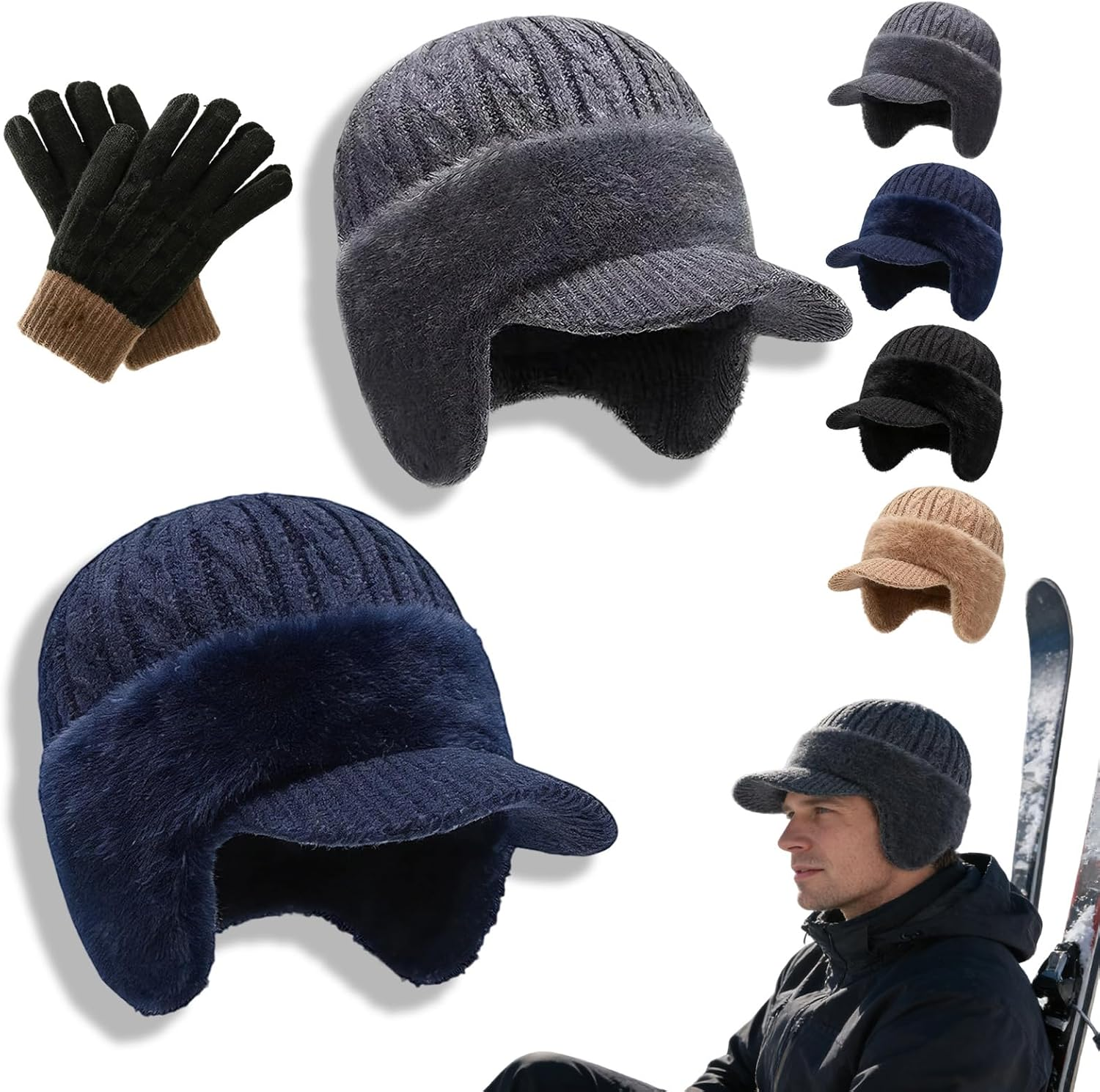 Blocking Knitted Hats with Ear Flaps and Wool Brim, Winter Fleece Lined Warm Baseball Beanie Knit Hat for Men&Women