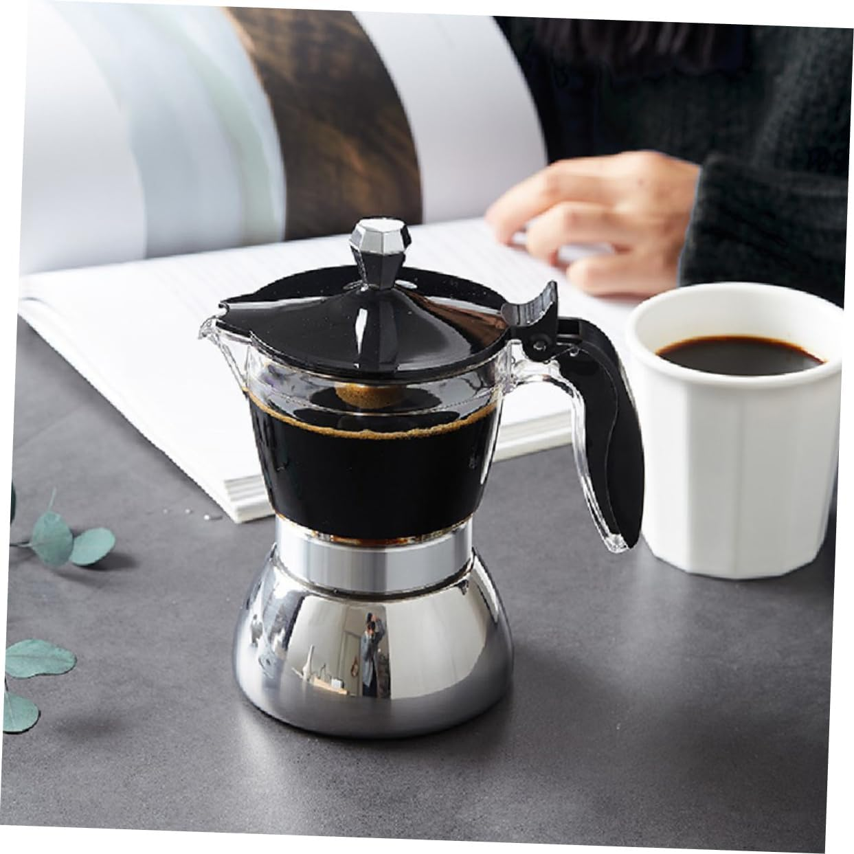 JECOMPRIS Transparent Cup Stainless Steel Coffee Pot for Hand Brewing Espresso Ergonomic Non Scald Handle Home and Office Pot with Premium Craftsmanship and Hot Lid Design image number 3