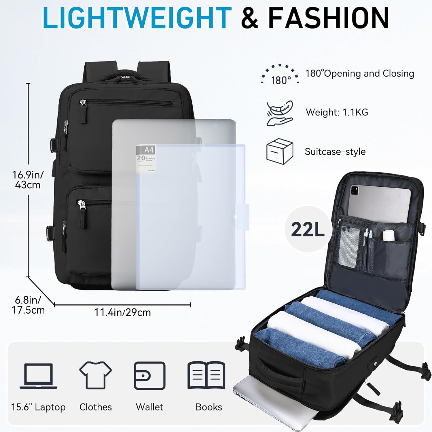 Travel Backpack for Men Women,Vaschy 15.6Inch Laptop Backpack for Work Hiking School Water Resistant Carry on Backpack with USB Charging Port, Shoes Compartment