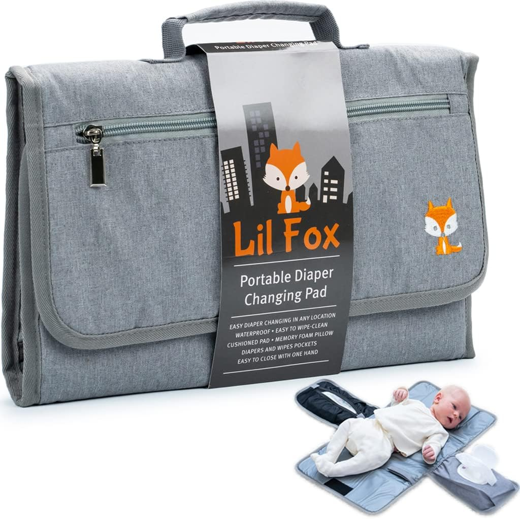 Lil Fox Portable Diaper Changing Pad by | Waterproof Portable Changing Pad for Moms, Dads and Babies | Use Just One Hand; Memory Foam Baby Head Pillow; Pockets for Diapers, Wipes and Creams
