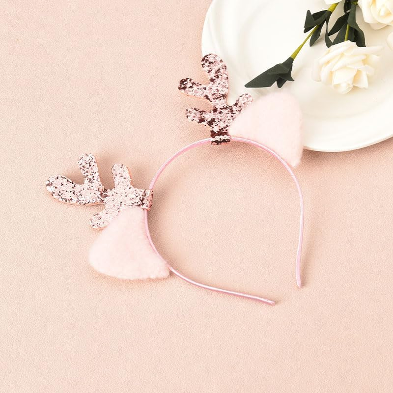 Christmas Elk Headbands for Women Girls Reindeer Antler Ears Headband Headwear Xmas Costumes Pink Hair Accessories for Christmas Headpiece for Kids Cosplay Party Gift - Pink image number 1