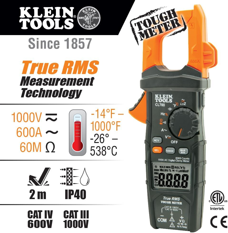 Klein Tools Digital Clamp Meter AC Auto-Ranging Loz, (TRMS) Technology for Increased Accuracy, CL700
