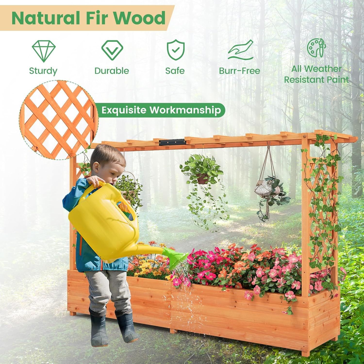 Giantex Raised Garden Bed with 2-Sided Trellis & Hanging Roof, Fir Wood Planter Box W/Drainage Holes, Bottom Gaps, Freestanding Garden Planter for Flowers Herbs Climbing Vines (79" X 17.5" X 45")