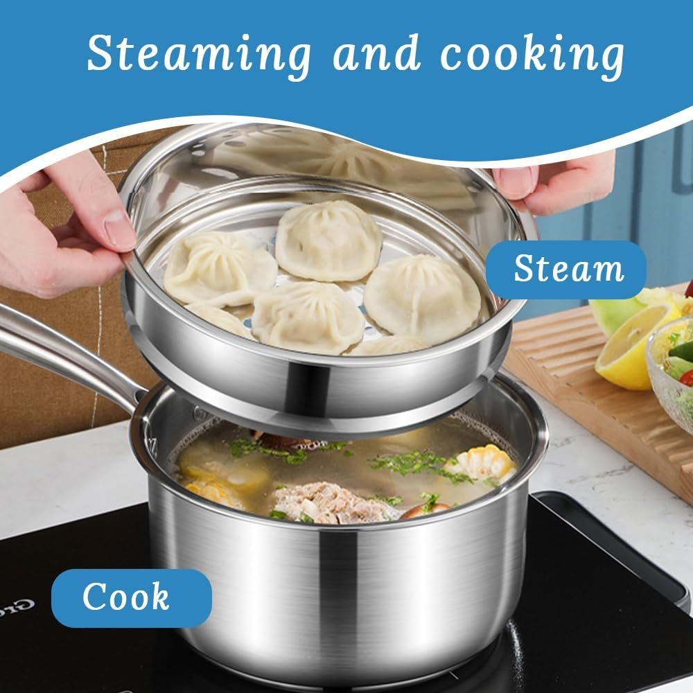 Stainless Steel Frying Pan, Three-Layer Structure, Stew Pot with Lid and Cooking Pot, Suitable for Salad Vegetables, Boiling, Pasta and Noodles, Suitable for Kitchen, Restaurant, Hotel (Silver) image number 5