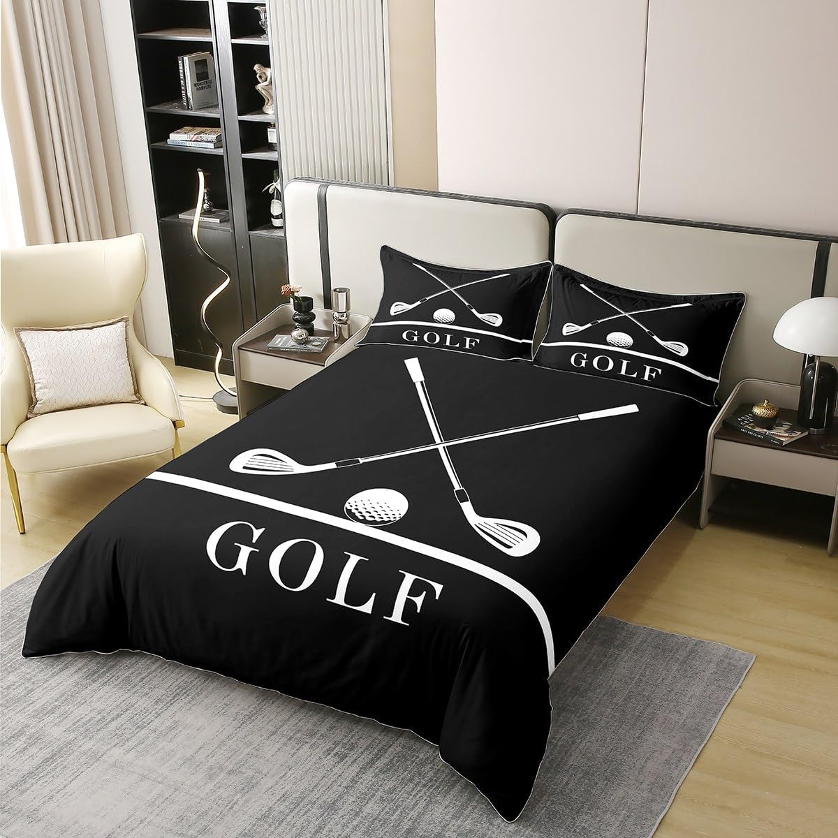 Golf Print 100% Cotton Bed Linen Set, Golf Clubs Pattern Duvet Cover 155 X 220 Cm for Children, Teens, Adults, Sports Game Theme Bed Set, Sports Lovers Duvet Cover with 1 Pillowcase for Bedroom image number 1