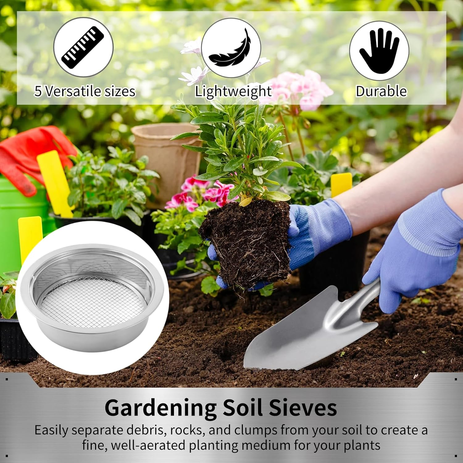 Soil Sifter Stainless Steel Riddle Sieve Set for Gardening with 5 Sizes 8" Diameter 1/3/6/9/12Mm Interchangeable Meshes - Garden Potting Sieves with Shovel - Planting Soil Sifters Strains image number 6