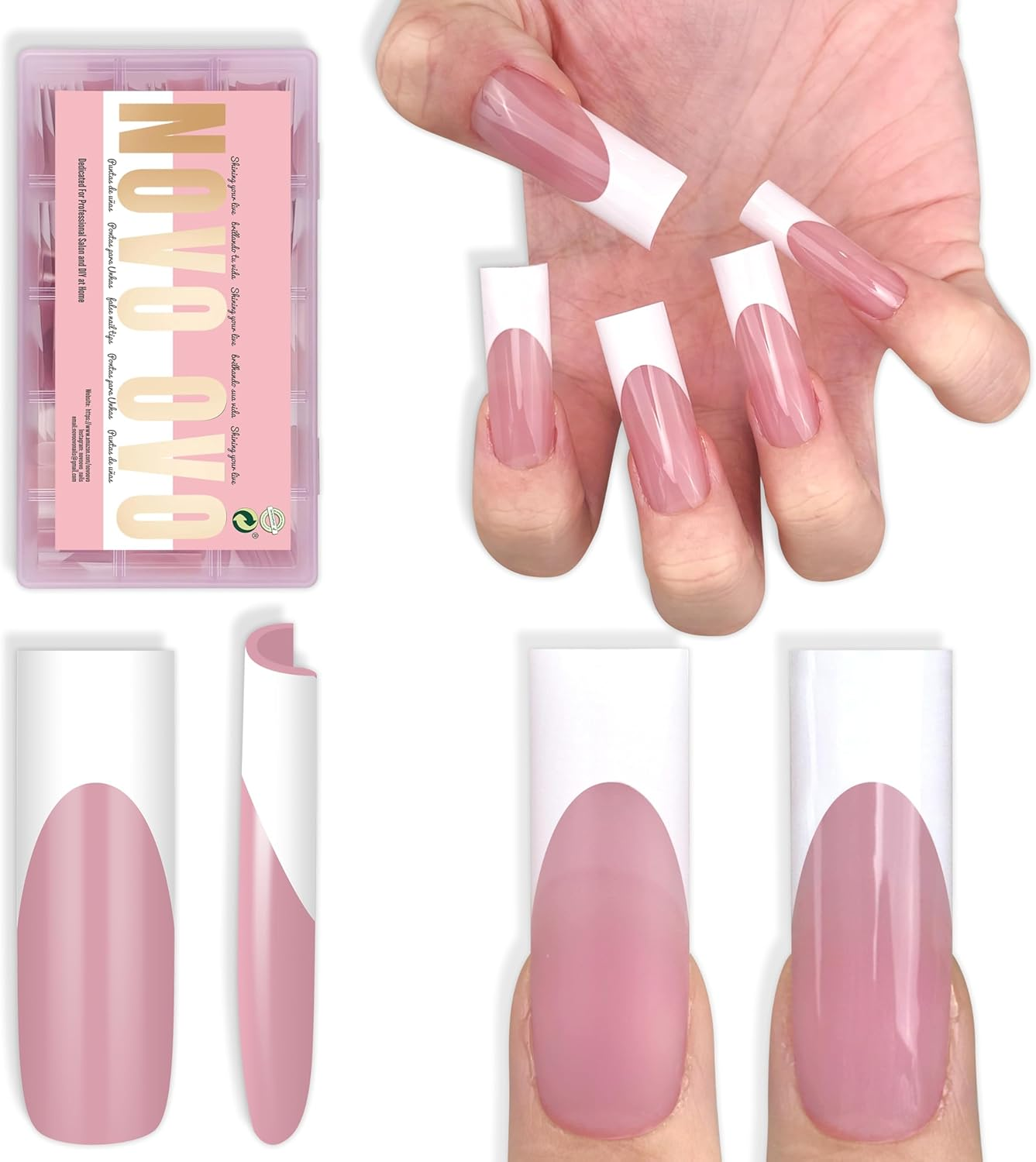 NOVO OVO Sharp Square Long Nail Tips, Press On, Natural (Not Sculpted), No C Curve, Soft Gel Double Matte Clear Artificial Extension, Full Cover for Salon DIY, 15 Sizes, Pack of 180