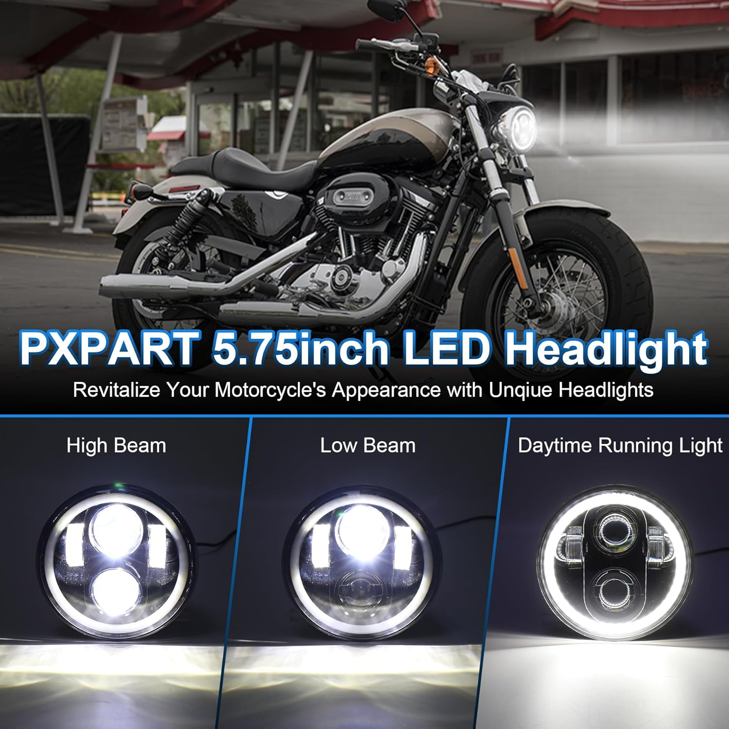 PXPART Motorcycle 5.75Inch Headlight with White DRL Halo Ring 5 3/4 Led Headlight Compatible with Davidson Sportster 883 1200 Dyna Street Bob Indian Scout image number 5
