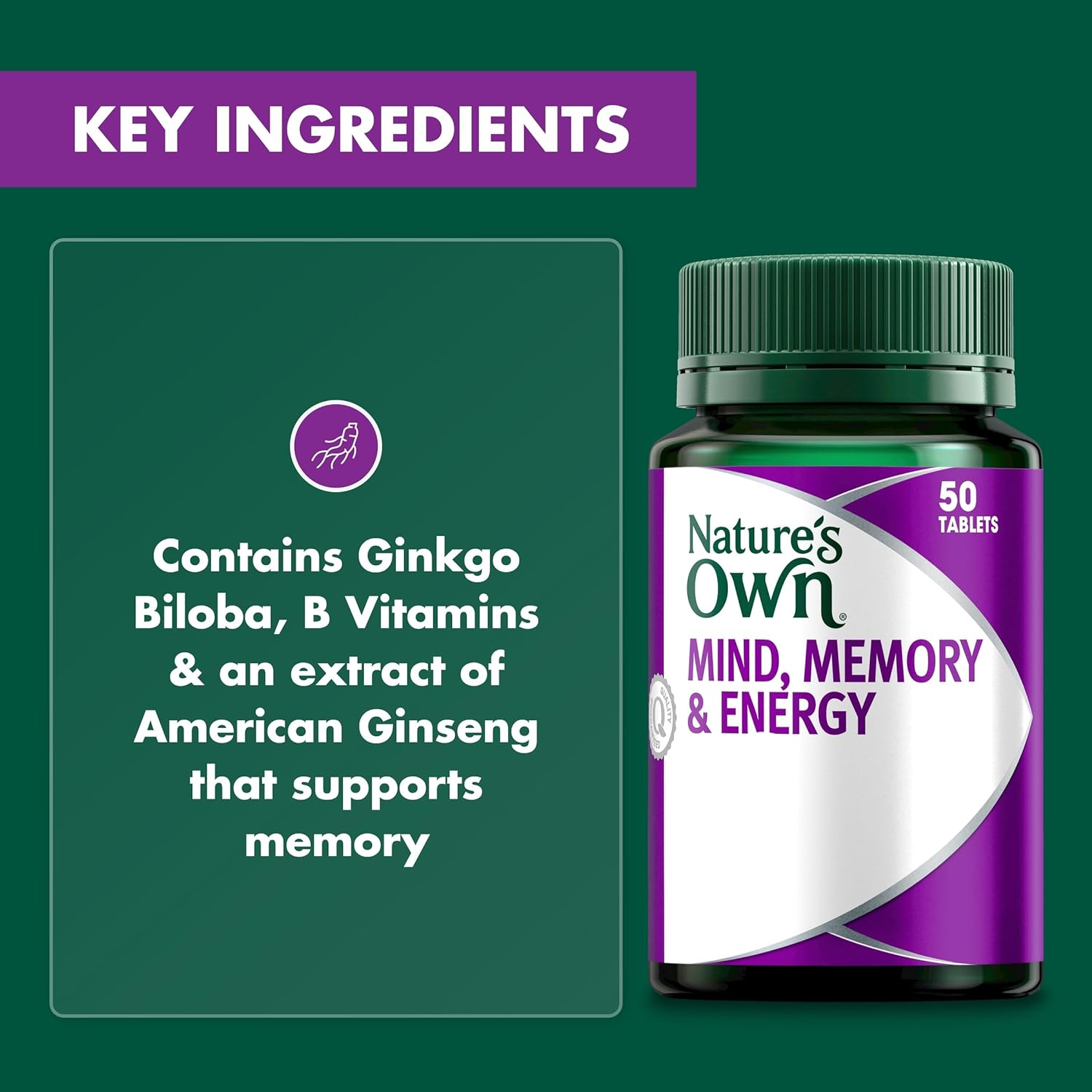 Nature'S Own Mind, Memory & Energy Tablets 50 - Supports Memory, & Aids Cognitive Function - Relieves Tiredness, Maintains Energy Levels & Nervous System Function - Contains American Ginseng image number 3
