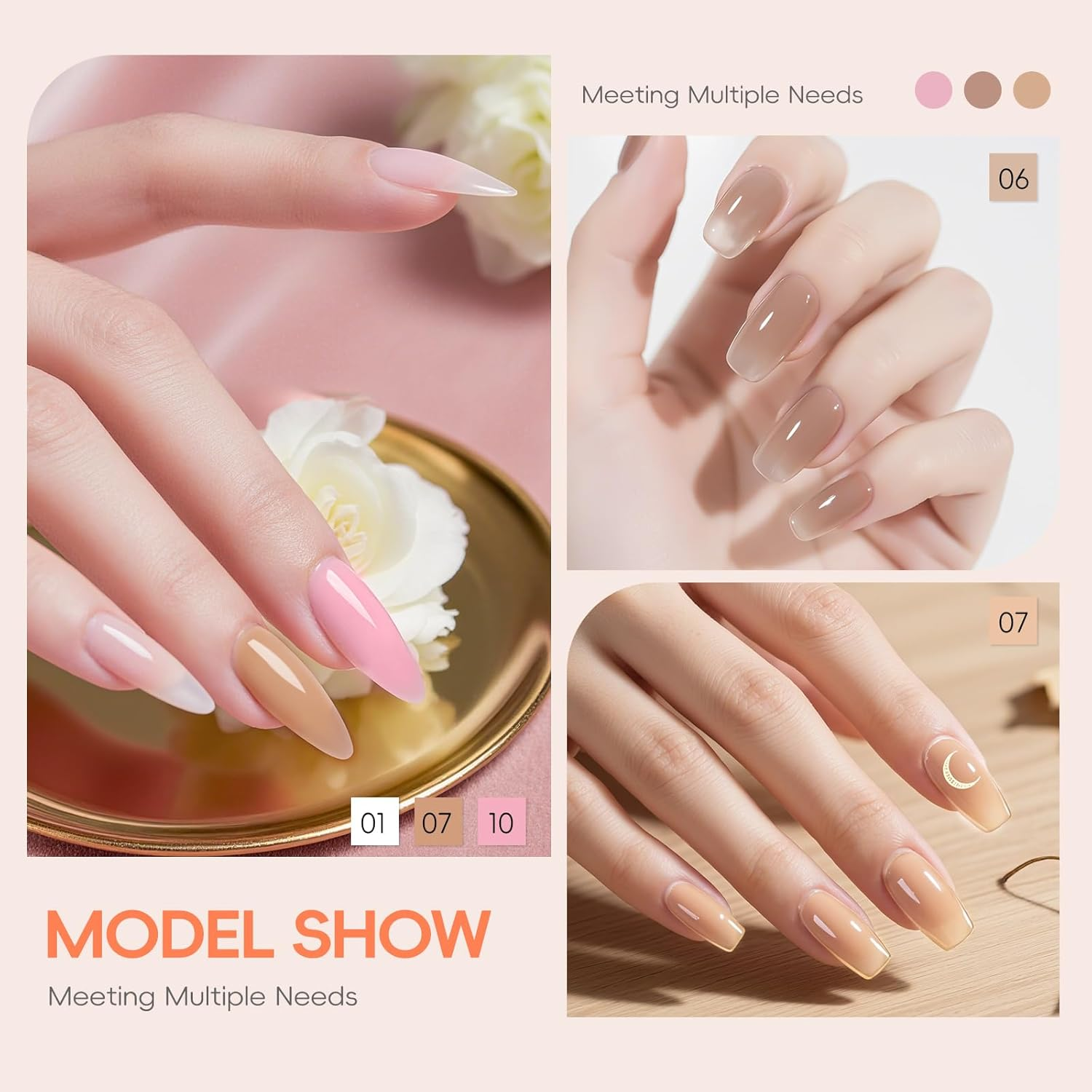 PEACECOLOR 24Pcs Poly Nail Gel Kit with U V Light 6 Colors Clear Pink Nude Poly Extension Gel with Glossy/Matte Top Coat Nail Rhinestones Starter Kit DIY Home Gifts for Women image number 1