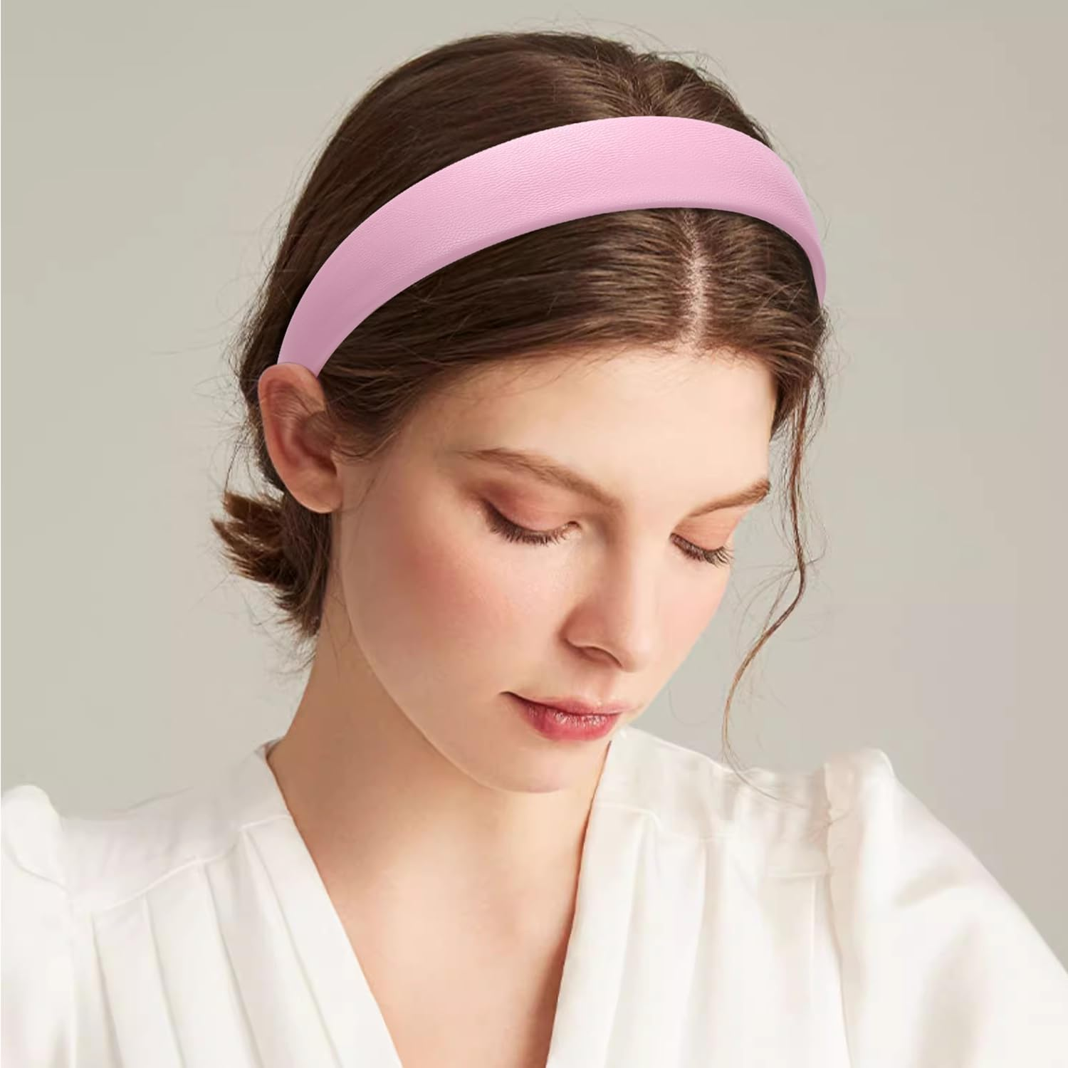 Wantgor 1 Inch PU Leather Headband, Wide Padded Hairband Fashion Hair Bands Cute Womens Headbands Holiday DIY Hair Accessories (Pink) - Pink image number 4