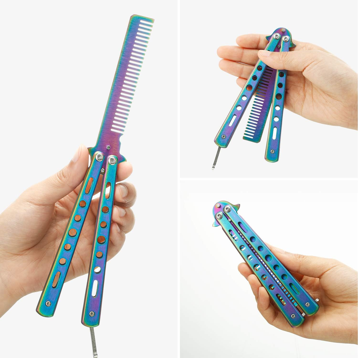 2 Pieces Combs Stainless Steel Folding Practice Combs Hair Styling Tools for Sport Outdoor Use (Colorful) - Blue image number 2