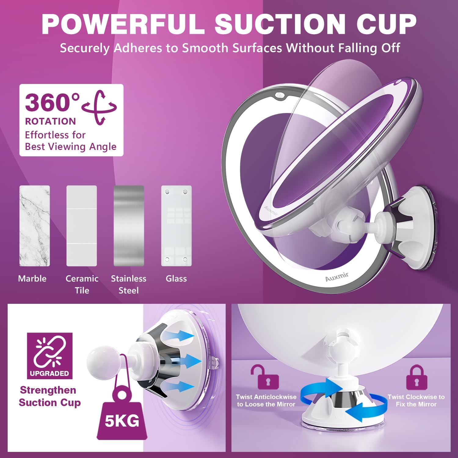 Auxmir 2025 Upgraded 30X Magnifying Mirror with Light, Makeup Mirror with 2-Level Lights, Vanity Mirror with Power Suction Cup and Tweezers, 360&deg; Swivel, Portable Bathroom Mirror for Home Travel image number 6