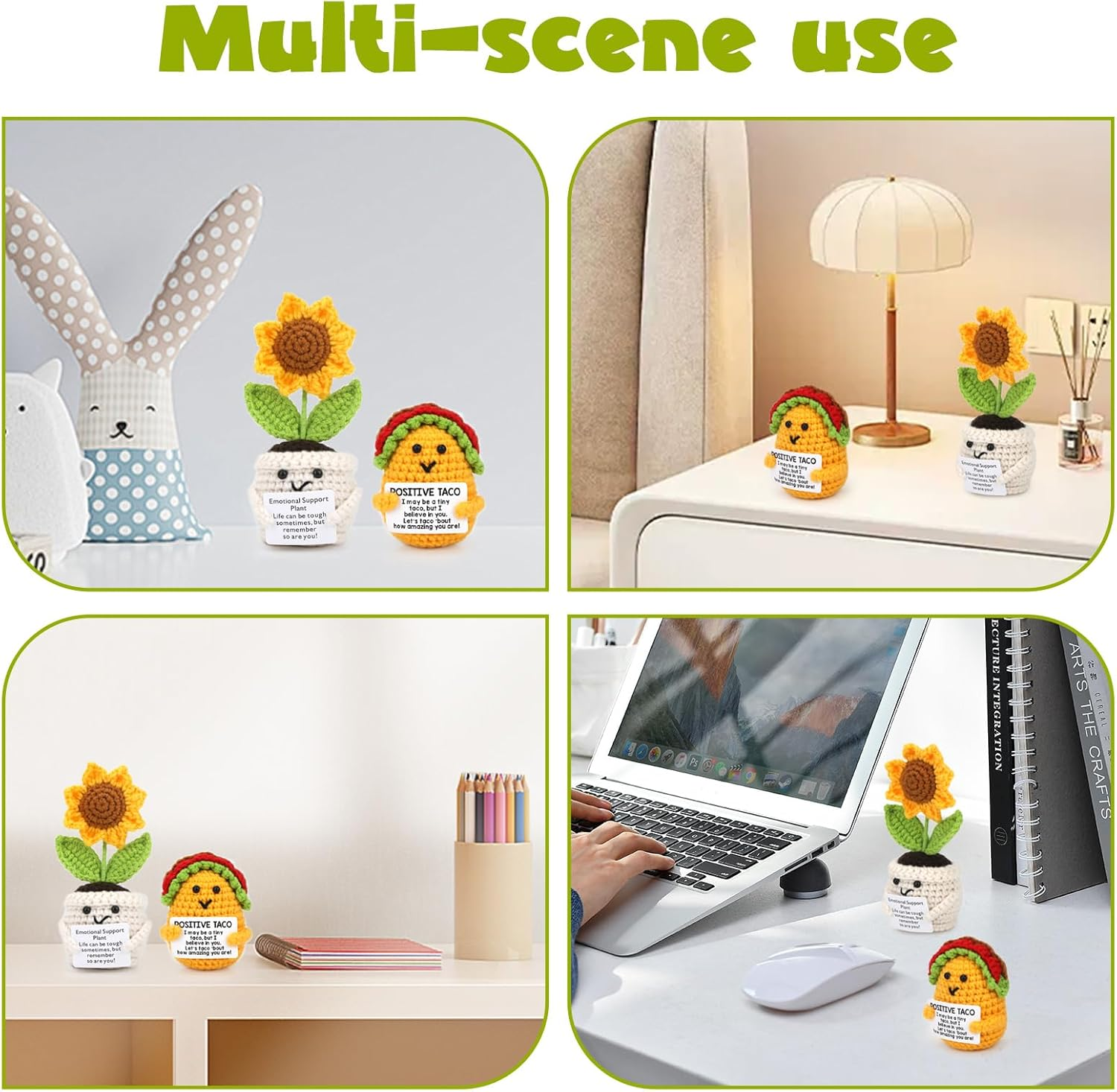 Fayrvind 2 Pcs Emotional Support Positive Crochet Sunflower and Taco Desk Decor Cute Stuff Crochet Flowers Birthday Gifts for Women Thank You Gift - Yellow Chicken  Green Frog image number 3
