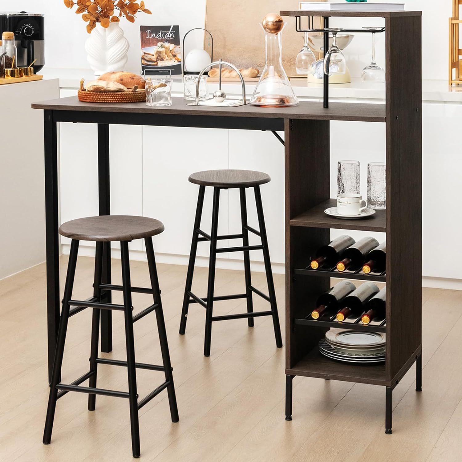 Giantex 3PCS Bar Table and Chair Set, Industrial Pub Table and Stools with Wine Glass Holders & 6-Bottle Wine Racks, Counter Height Dining Table Set for Living Room Dining Room Kitchen, Grey