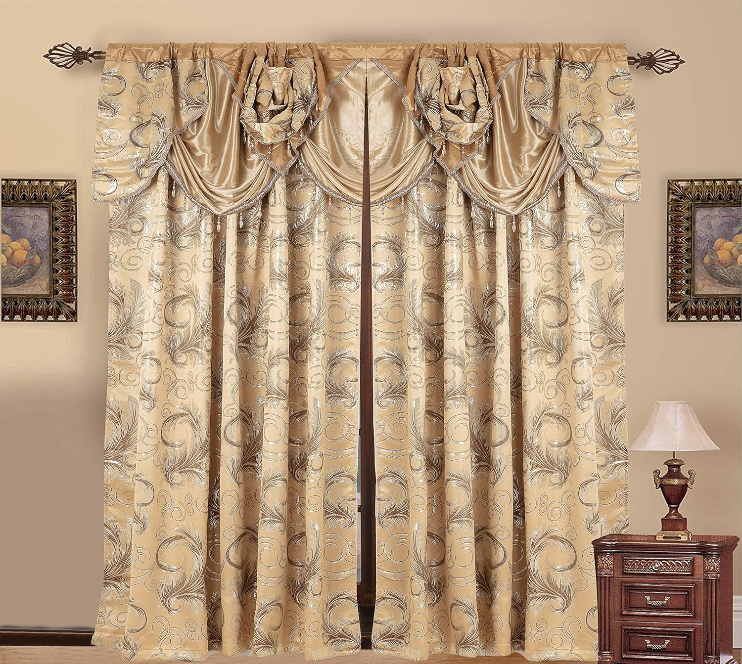 Golden Linen Jana Collection 2Pc Curtain Set with Attached Valance and Backing 55"X84" Each, Polyester & Polyester Blend, Taupe, 2 Panels of 55" X 84" Each