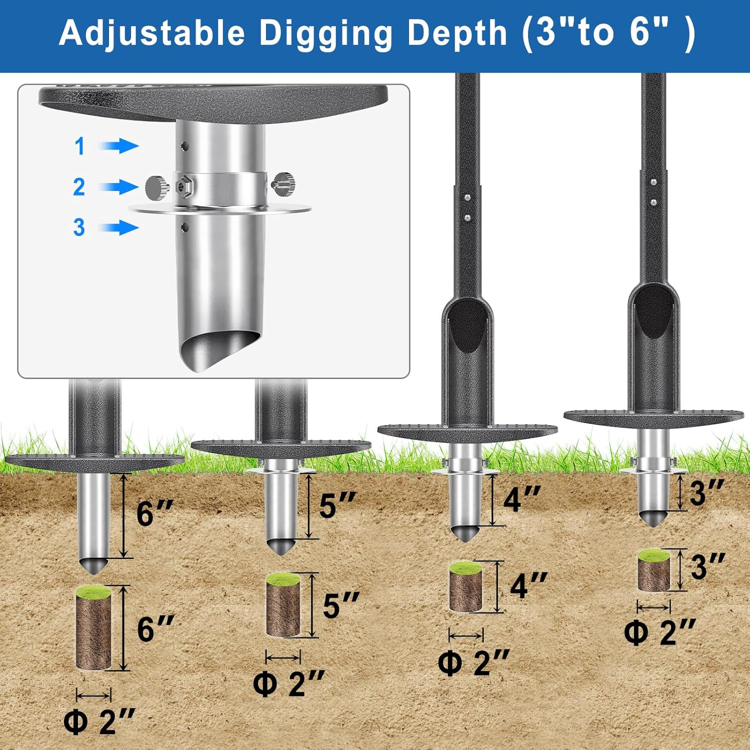 Grass Plugger Tool with Adjustable Digging Depth from 3 to 6 Inch Bulb Planter with Long Handle Plug Cutter Bulb Transplanter Tool for Plants Digging Holes, Repair of Turf, Transplant Seedling image number 6