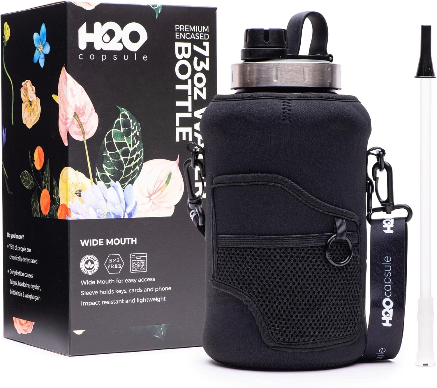 H2O Capsule 2.2L Half Gallon Wide Mouth Water Bottle with Storage Sleeve and Removable Straw - Hydration Tracker Jug with Measurements Marked &ndash; Shatterproof Bpa-Free, Jet Black