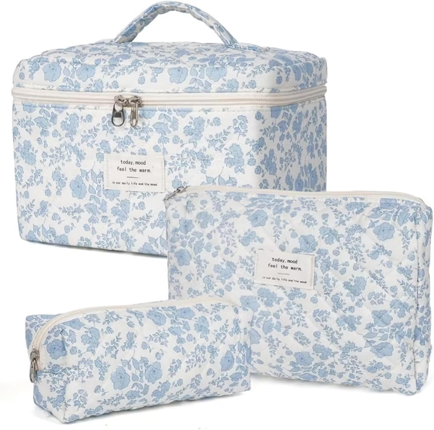 ZANZER 3 PCS Travel Quilted Cotton Makeup Bag Set - Floral Cotton Cosmetic Bag Travel Toiletry Pouch Portable Beauty Cosmetic Storage, Ideal Gifts for Girls Women, Mothers Day Gift (Dark Blue Flower)