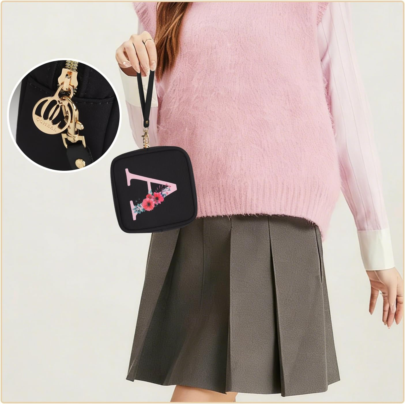 Relavel Initial Small Makeup Bag for Purse, Personalized Gifts for Women Girls Travel Cosmetic Pouch with Card Slot, Mini Lipstick Pouch with Removable Handle, Portable Skincare Bag for Daily, Black O - Black A image number 3