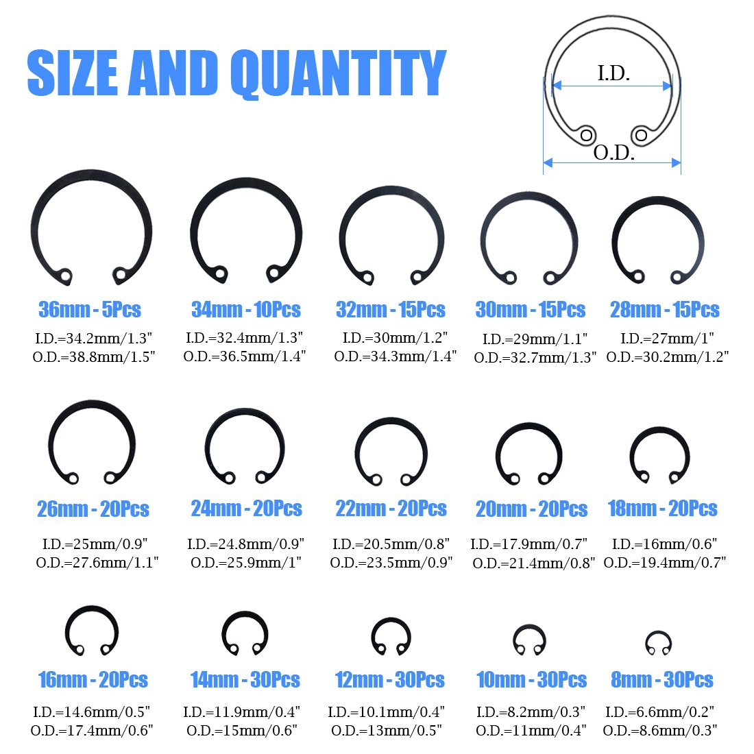 Glarks 300Pcs 15 Size Metric Internal Circlips Snap Retaining Ring Assortment Kit, Black Alloy Steel image number 1