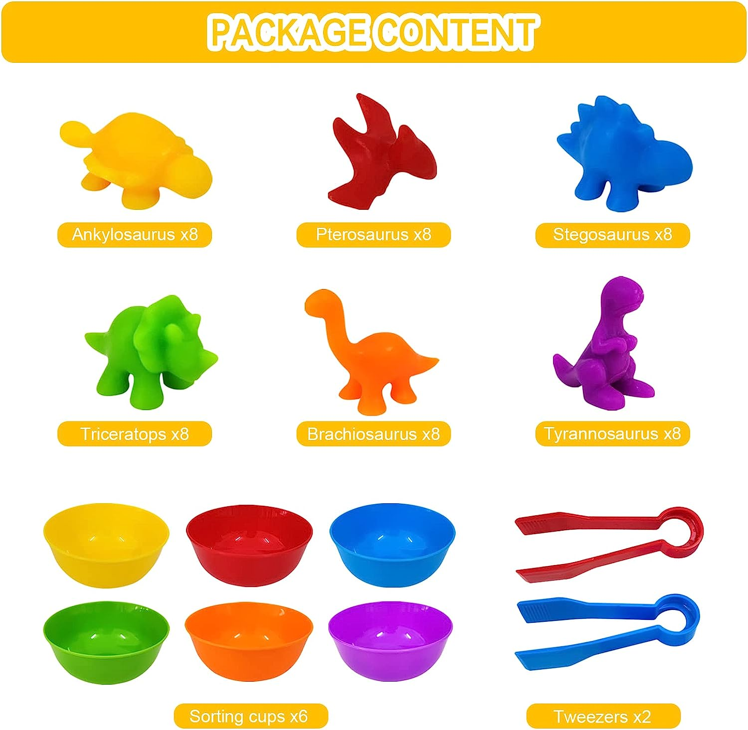 Rainbow Dinosaur Sorting Toy, YEESON 56 Pcs Counting Dinosaurs Toys Set, Dinosaur Counting Matching Game for Kids with Sorting Bowls and Tweezers Suitable for Toddlers and Preschoolers image number 1