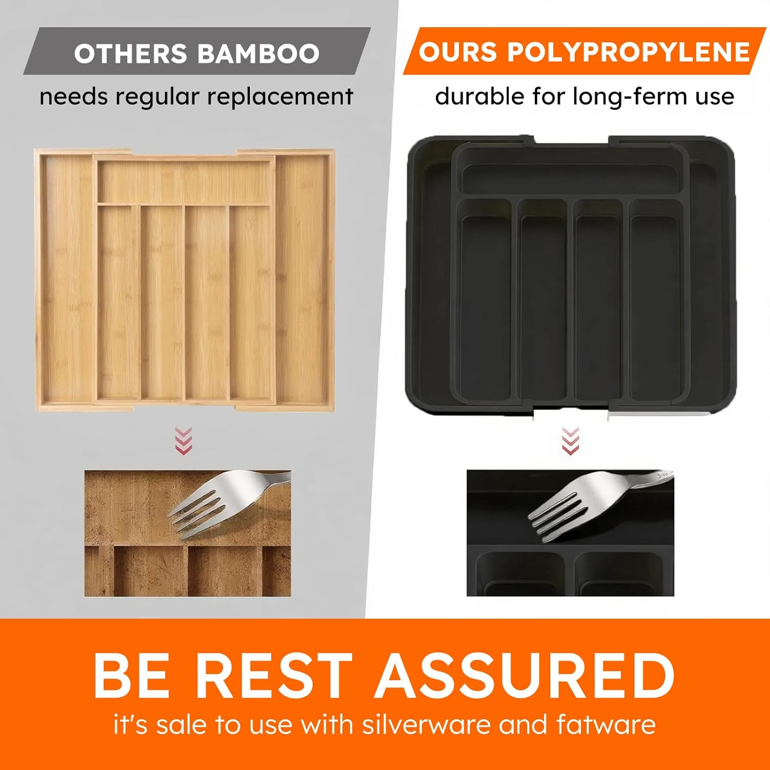 Larger Cutlery Drawer Organiser, Expandable Utensil Drawer Organiser with 9 Compartments, 3-Sided Cutlery Organiser, Adjustable Cutlery and Flatware Tray, Non-Slip, Large for Spoons, Forks and Knives image number 3