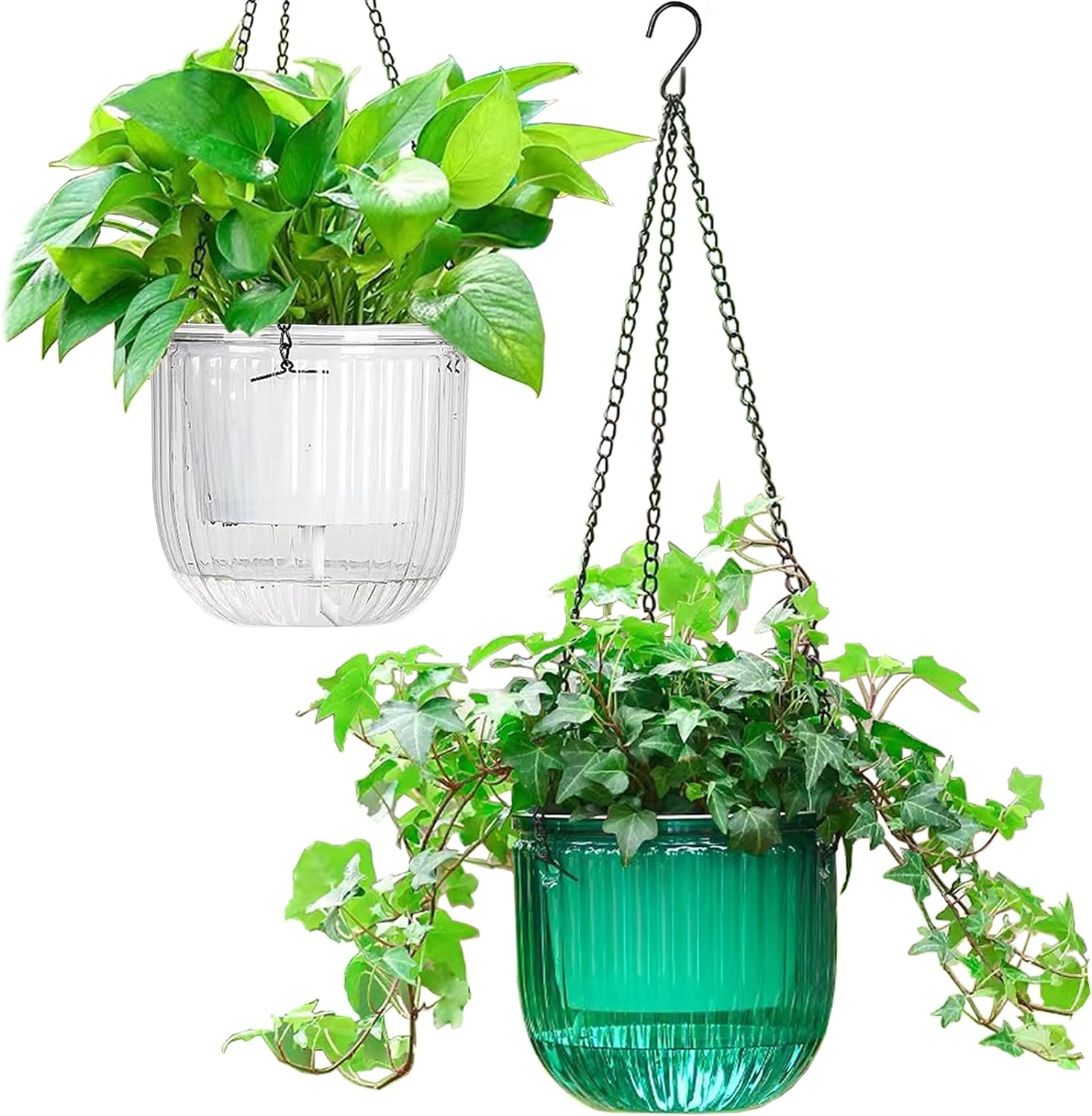 Melphoe 2 Pack Self Watering Hanging Planters Indoor Hanging Flower Pots, 6.5 Inch Outdoor Hanging Plant Pot Basket, Plant Hanger with 3Hooks Drainage Holes for Garden Home Emerald+White