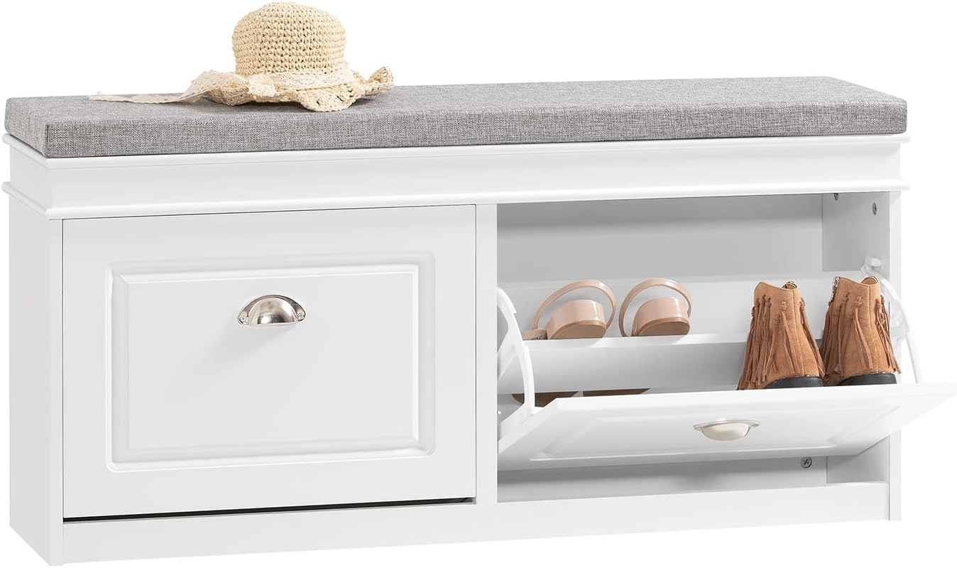 Sobuy Hallway Shoe Bench Storage Cabinet with Seat Cushion and 2 Flip-Drawers Narrow Shoe Rack Bench with Adjustable Shelves White W104 X D24 X H51Cm FSR64-W image number 5