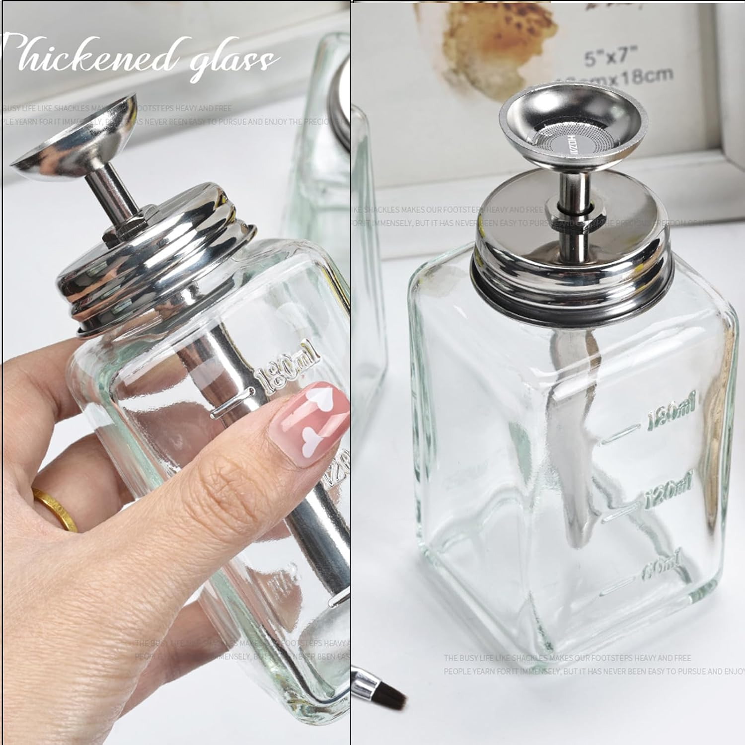 Misforu 6 Oz/ 180Ml Nail Polish Remover Pump Empty Dispenser Bottle Push down Glass Empty Pump Dispenser Nail Polish Alcohol Makeup Remover Clear Refillable Bottle Push down Pump Dispenser