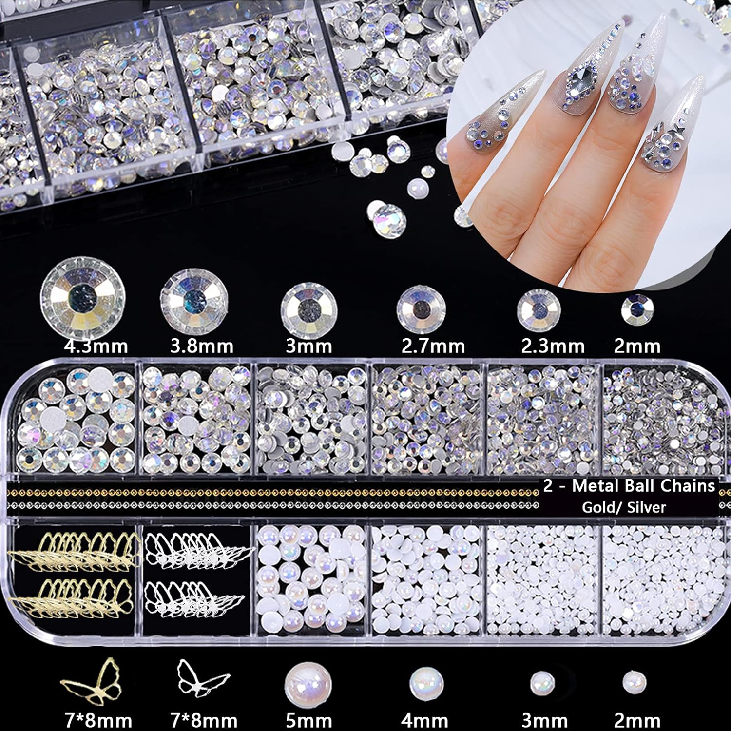 NAFIGO 3D Acrylic Butterfly Flowers Bear Nail Charms Art 3D, AB Crystal Rhinestones Multi Shapes Pearl Gold Metal Art, Decal Jewelry Accessories DIY Crafting, 2 Piece Set image number 1