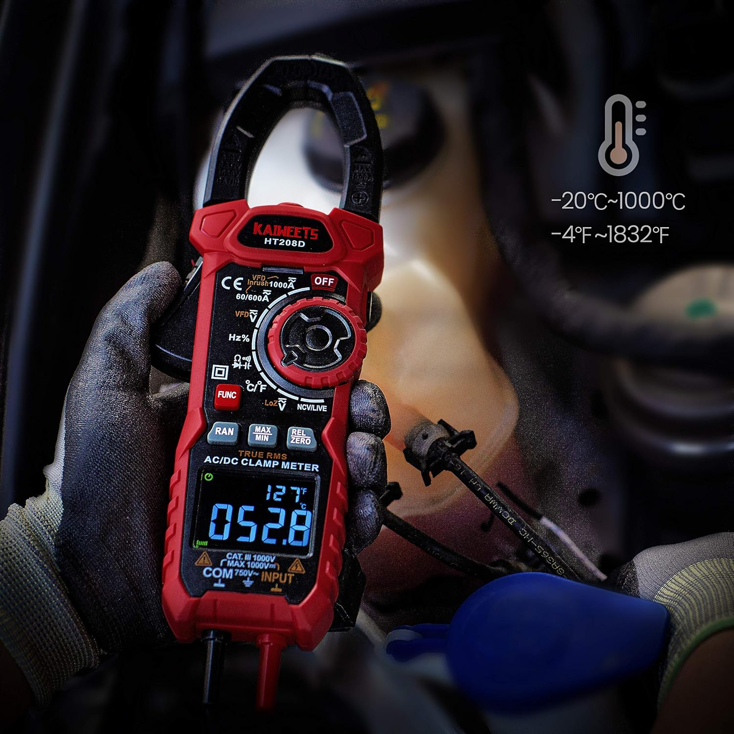 KAIWEETS Inrush Clamp Meter 1000A True RMS AC/DC Current Amp Meter, VFD, LOZ Mode, 6000 Counts, Measures Current Voltage Temperature Capacitance Resistance Diodes Continuity Duty-Cycle (HT208D) image number 1