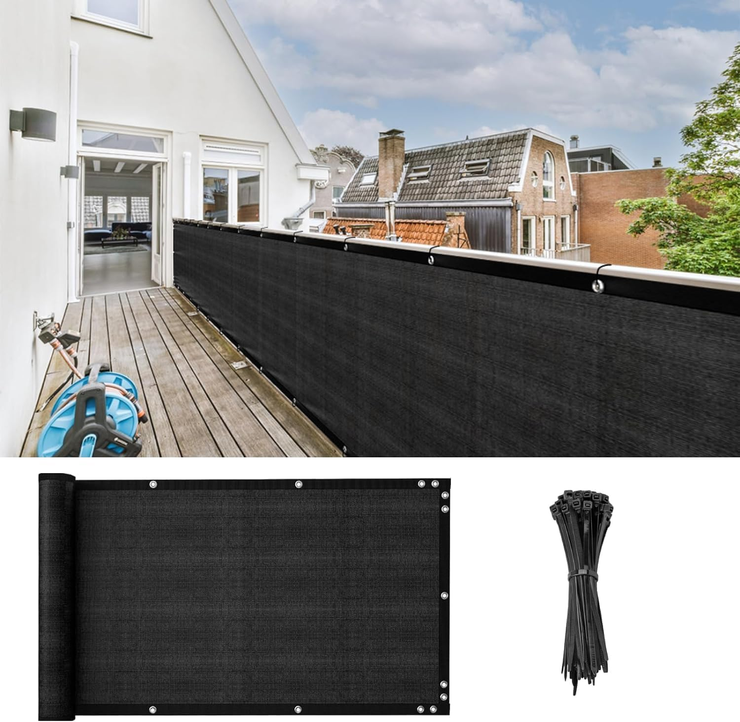 Balcony Privacy Screen Cover Worth Planet 0.9M * 5M Resistant Balcony Shield Windscreen Cover Mesh Sun Shade UV Protection for Porch Deck Terrace Patio Backyard Railing image number 1