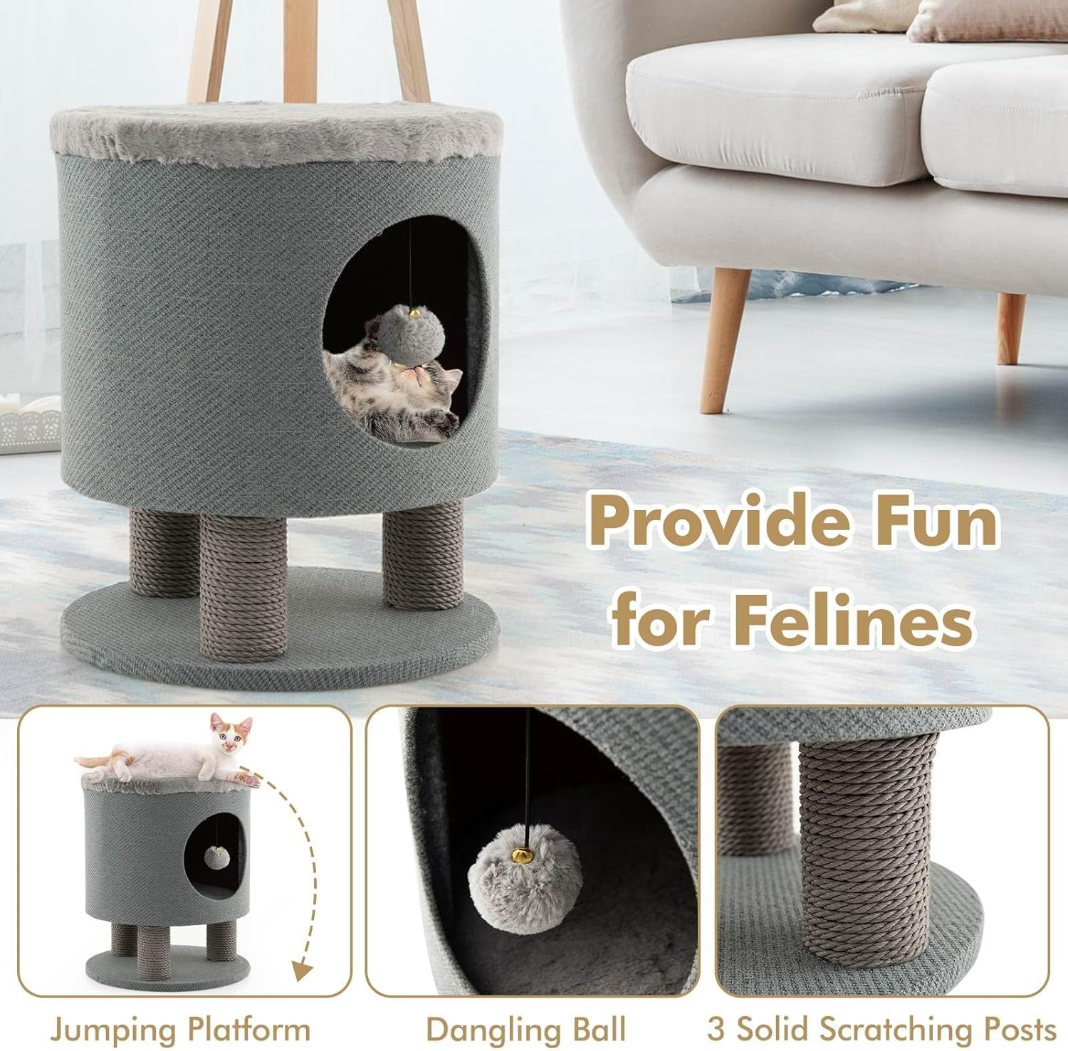 Costway Cat Condo Stool, Cat House Stool, Cat House Cube, Enclosed Cat Shelter, Small Cat Tree, Cat Furniture Bed with Scratching Post, Multipurpose Cat House (Grey, 40 X 40 X 47 Cm (L X W X H)) image number 6