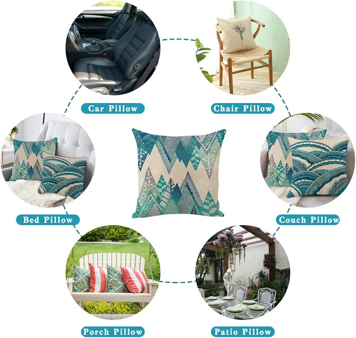 Jasfura Set of 4 Bohemia Teal Throw Pillow Covers 18X18 Inch Ocean Decorative Couch Pillow Cases Sea Cotton Linen Case Tuquoise Coastal Square Cushion Covers for Sofa, Bed and Car (Green Wave) image number 2