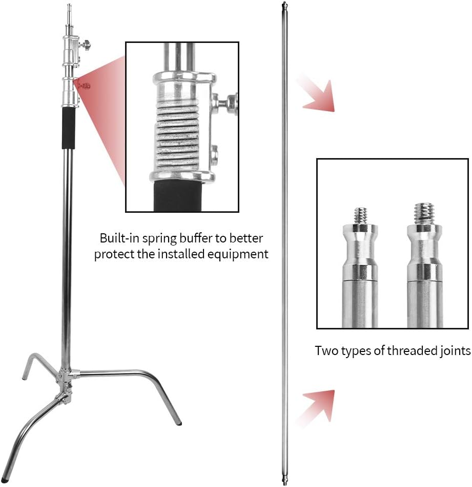 Heavy Duty Stainless Steel C-Stand with Boom Arm 132"/335Cm Adjustable Light Stand 49&ldquo;/125Cm Hold Arm Stand with One Adjustable Leg for Photography Studio Reflectors, Softboxes, Monolights image number 3