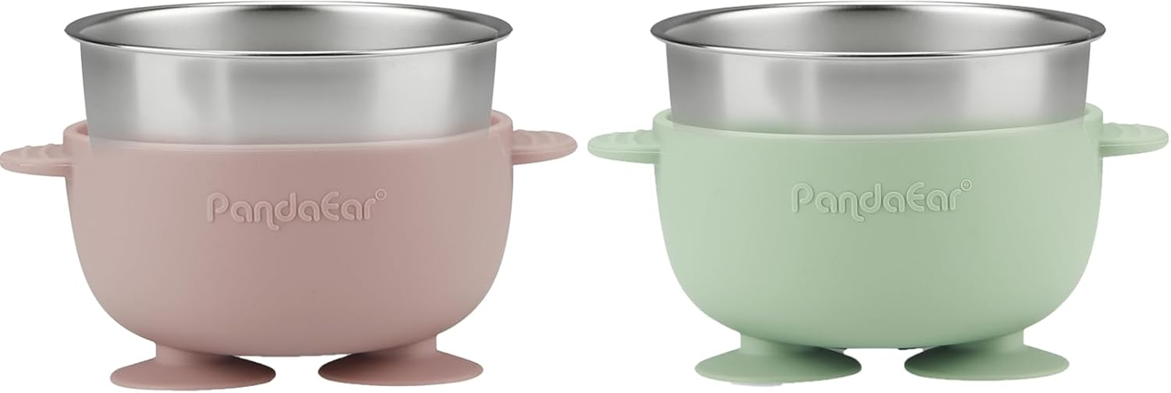Pandaear 2 Pack Stainless Steel Toddler Bowls with Suction and 2 Spoons 2 Forks, Pink Green image number 2