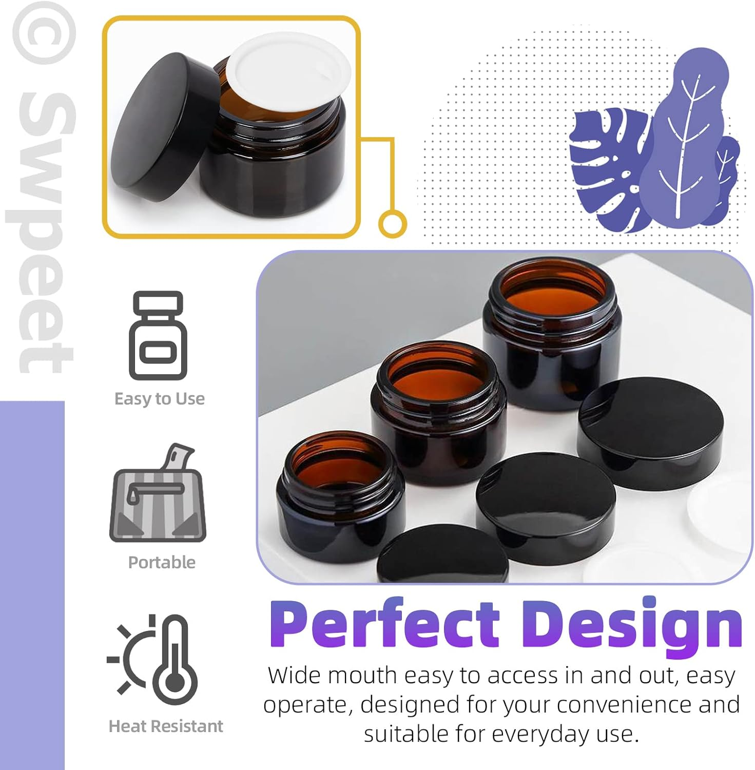 Swpeet 40 Packs 0.18Oz 0.35Oz 0.7Oz Amber Glass Jar with Lid and Plastic Spoon Assortment Kit, round Containers Cosmetic Glass Jars with Inner Liners and Lids Travel Jars Cosmetic Containers image number 4