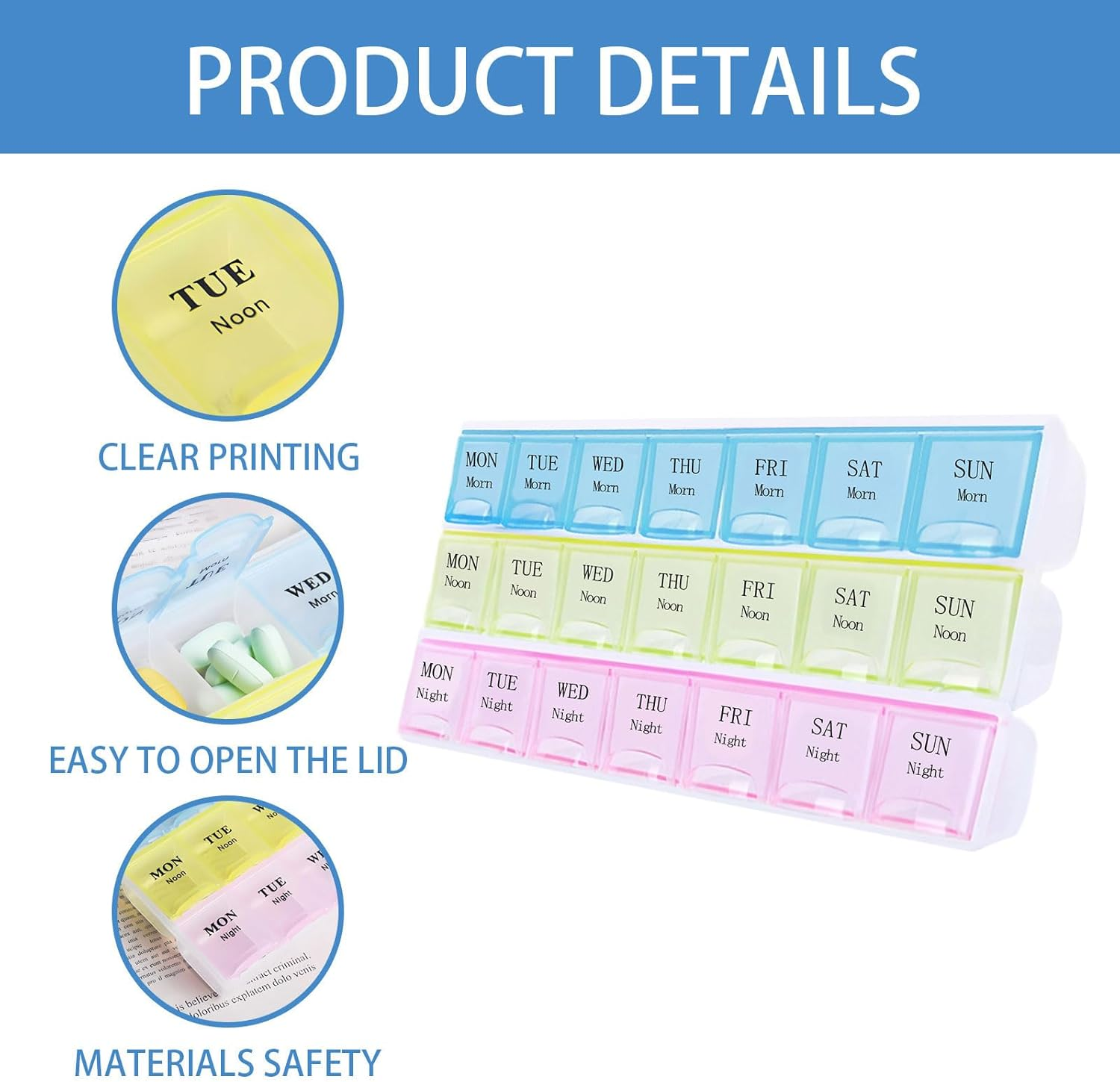 Pill Organiser, 3-Color 21-Grid Moisture-Proof Weekly Pill Organiser for Morning, Noon and Evening, Portable Medicine Reminder Medicine Organiser, for Pills Vitamins Fish Oil Supplement image number 6