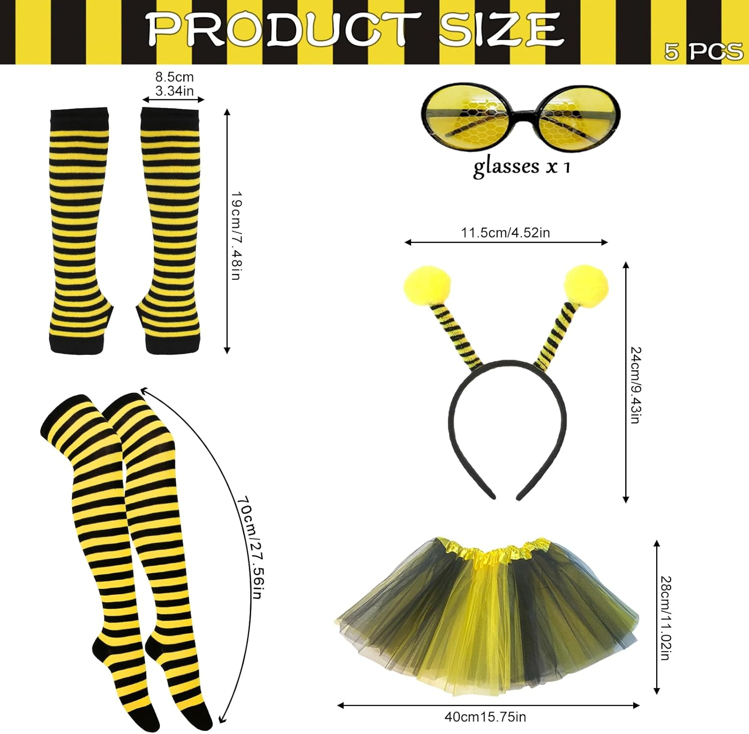 Homiliky 7 Pcs Bee Costume Set for Adults Bumble Bee Fancy Dress Set Including Sunglasses Headband Leg Sleeves Long Gloves Bee Dress for Role Play Cosplay Dress up Party image number 4