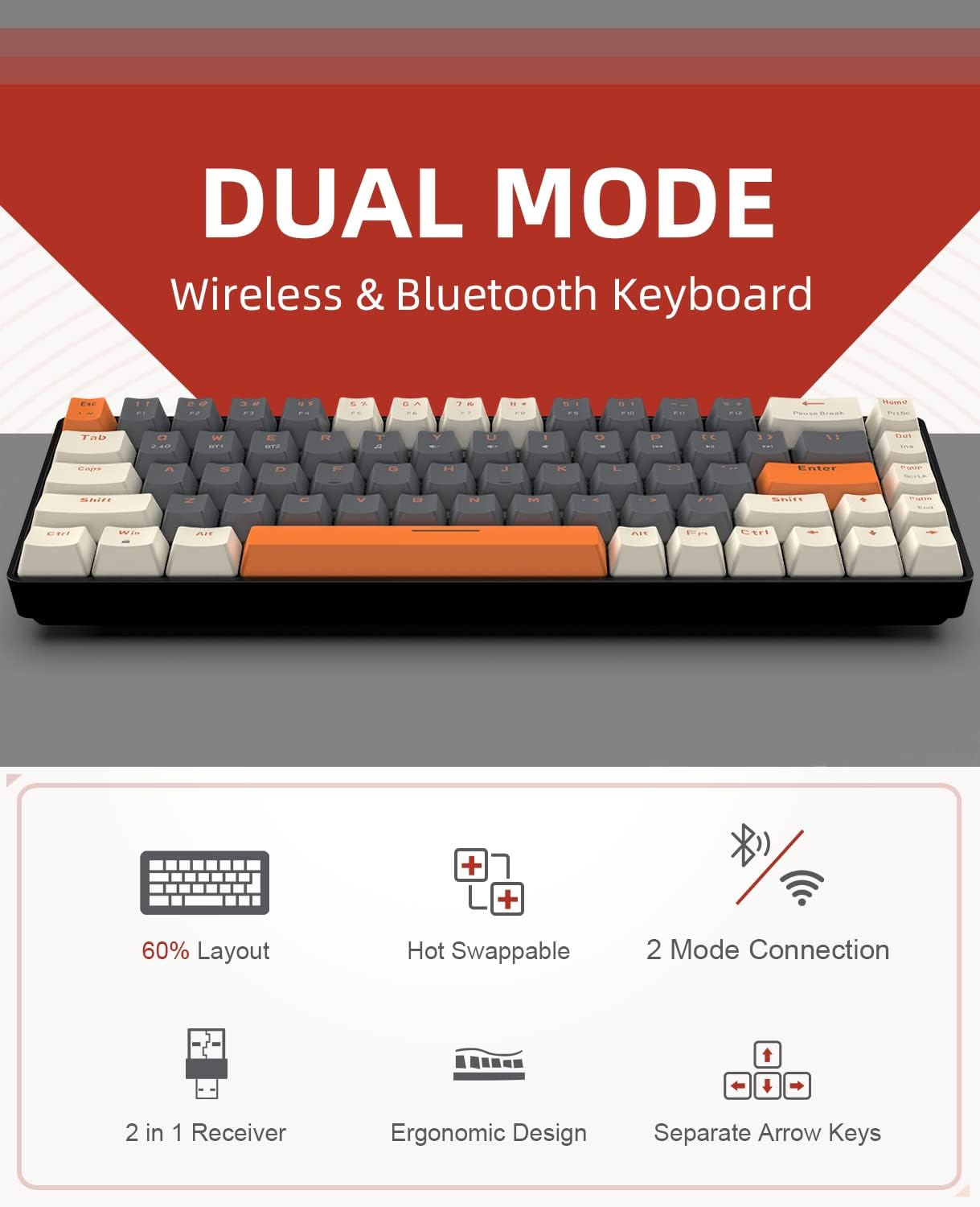 ZIYOU LANG RK68 60% Wireless Mechanical Keyboard, Bluetooth 5.0/2.4Ghz Dual Mode 2-In-1 USB-C Receiver Mini Mechanical Keyboard, Hot Swappable Red Switch Gaming Keyboard for Pc/Mac/Laptops image number 6